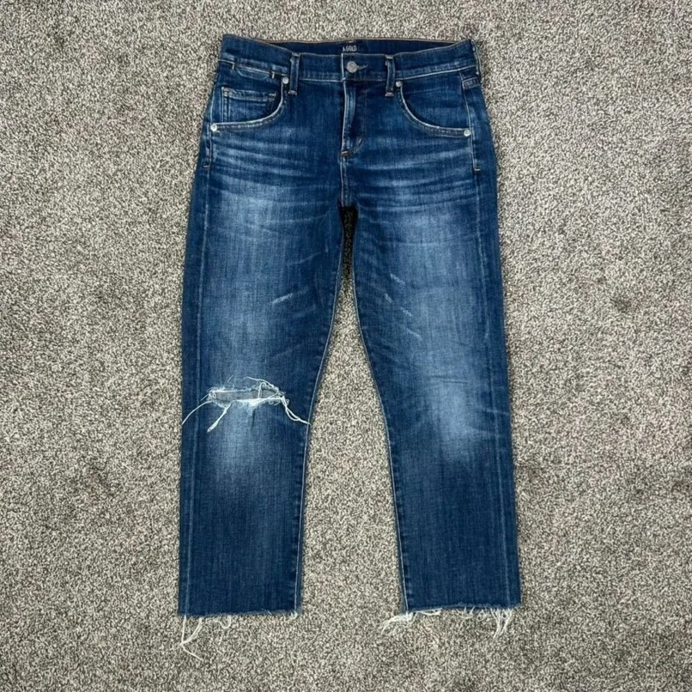 Agolde Isabel Dark Denim Distressed Raw Hem Jeans Womens 24 Straight Leg Fit - Picture 1 of 13